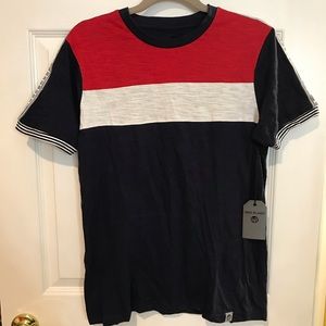 Free Planet Red White Navy Blue striped shirt